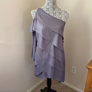 BCBG Gray 1 Shoulder Tie Sleeve Ruffle Layer Dress
